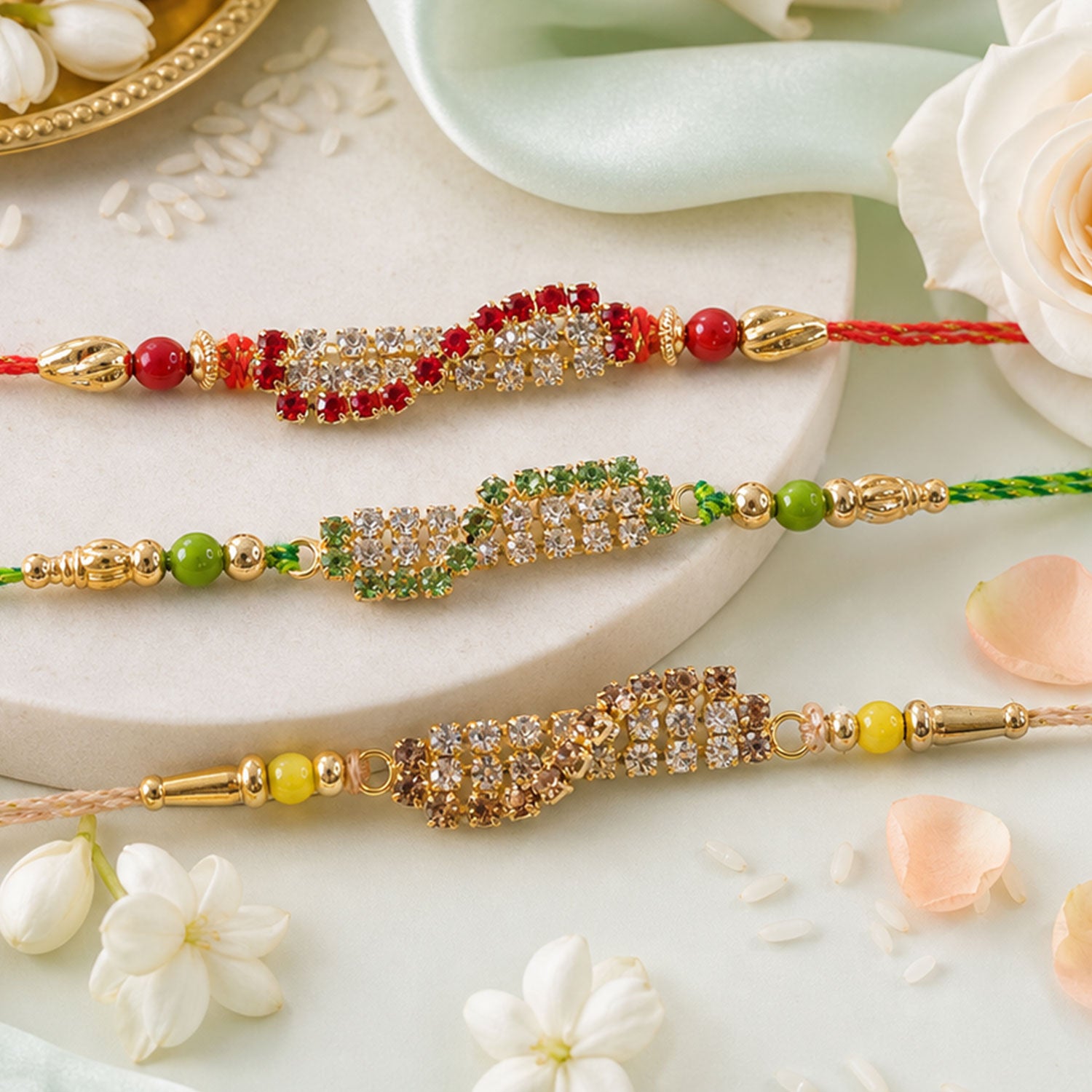 Wave Shaped AD Stone Rakhi for Brother with Beads (Pack of 6)