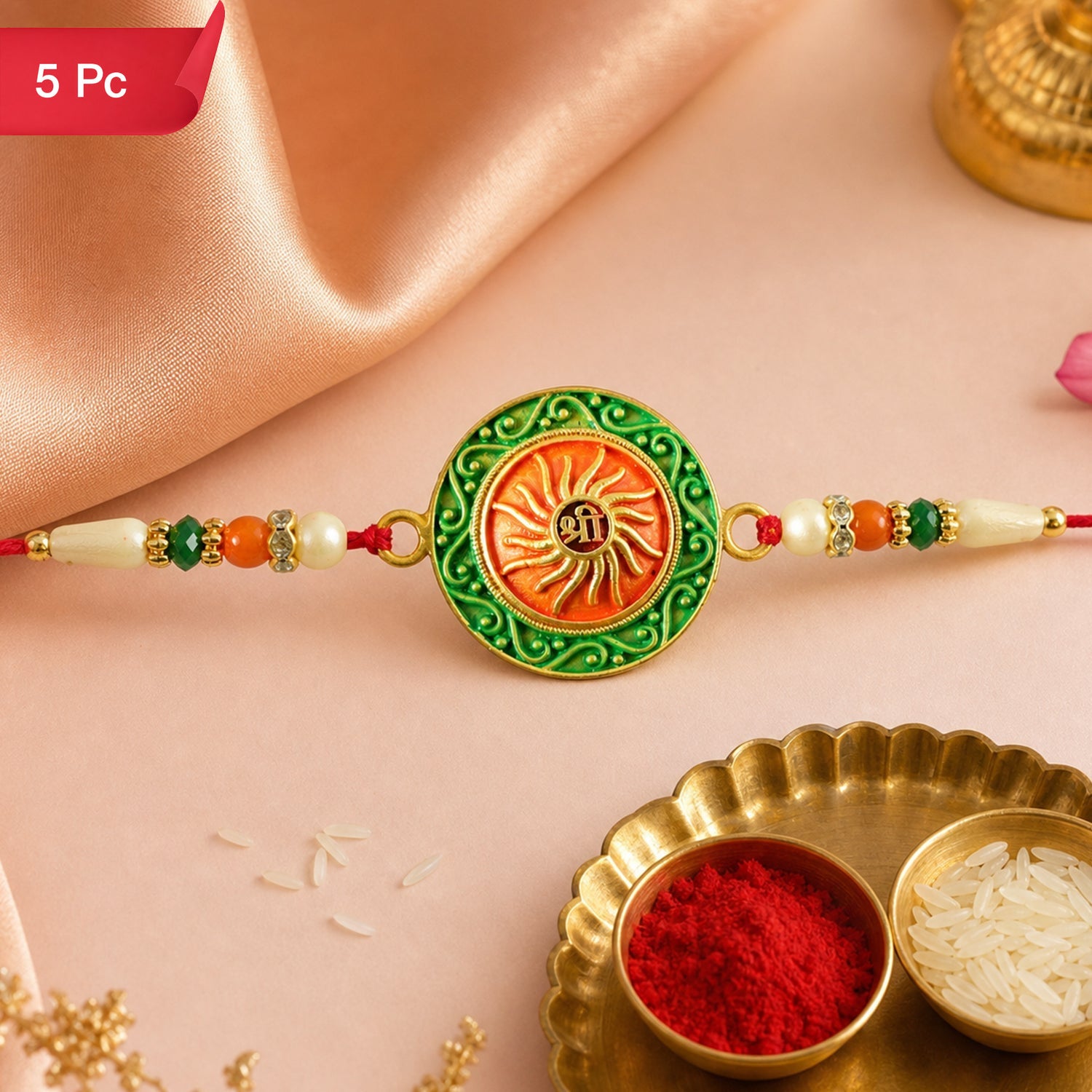 Round Shree Motif Designer Rakhi with Beaded Festive Detailing Work (5pcs)