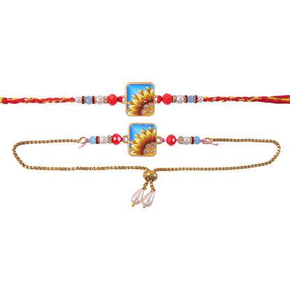 Sunflower Printed Rectangle Crystal Pearl Beads Bhai Bhabhi Rakhi Lumba Set