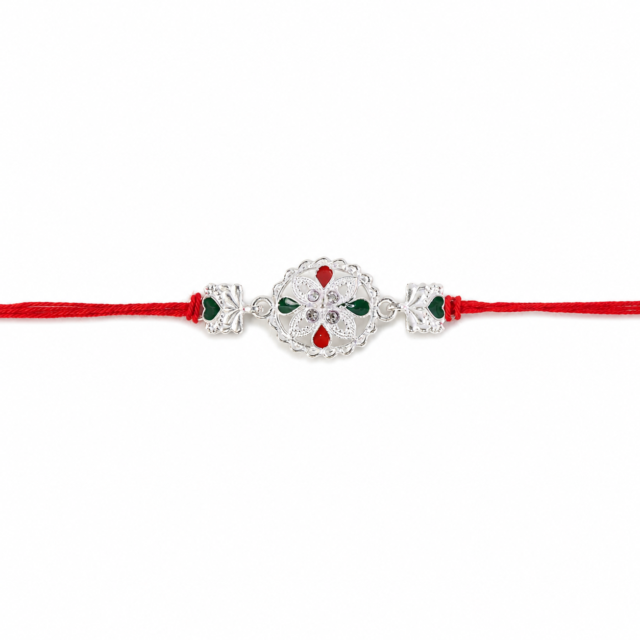 White Silver Floral Rakhi with Red Stone Center and Side Charms