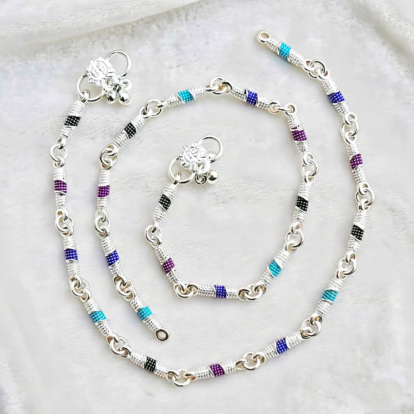 Dainty Silver Chain Anklet with Rainbow Enamel Beads for Women