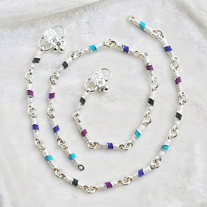 Dainty Silver Chain Anklet with Rainbow Enamel Beads for Women