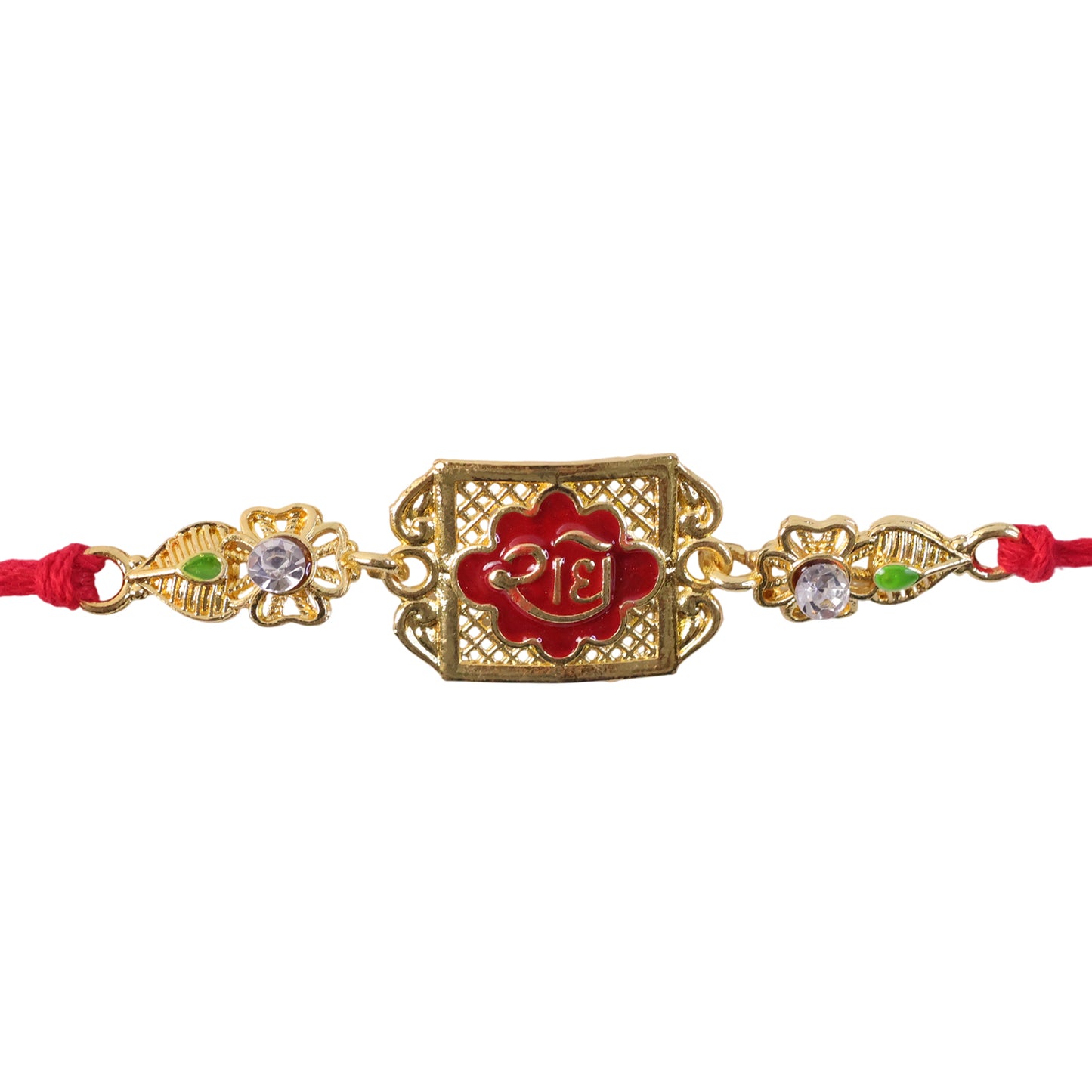 Gold-Toned Radhe with Red Enamel, Crystal Accents & Red Thread