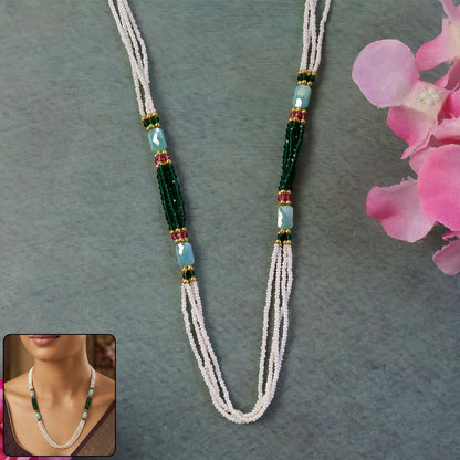 Handmade Layered Pearl Mala Necklace with Green Beads Aqua Accent Ethnic Style