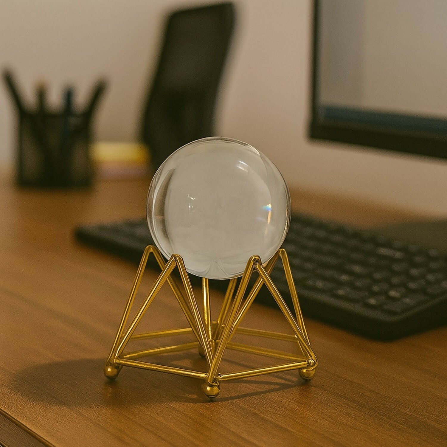 Decorative Crystal Ball with Premium Golden Geometric Stand for Home Office Desk | Clear Glass Sphere Showpiece for Table Decoration, Vastu, Meditation, Feng Shui, Gifting | Modern Luxury Home Décor Ornament