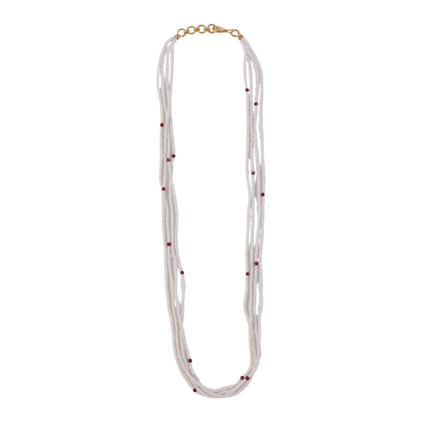 Layered pearl mala necklace with subtle red highlights for festive wear