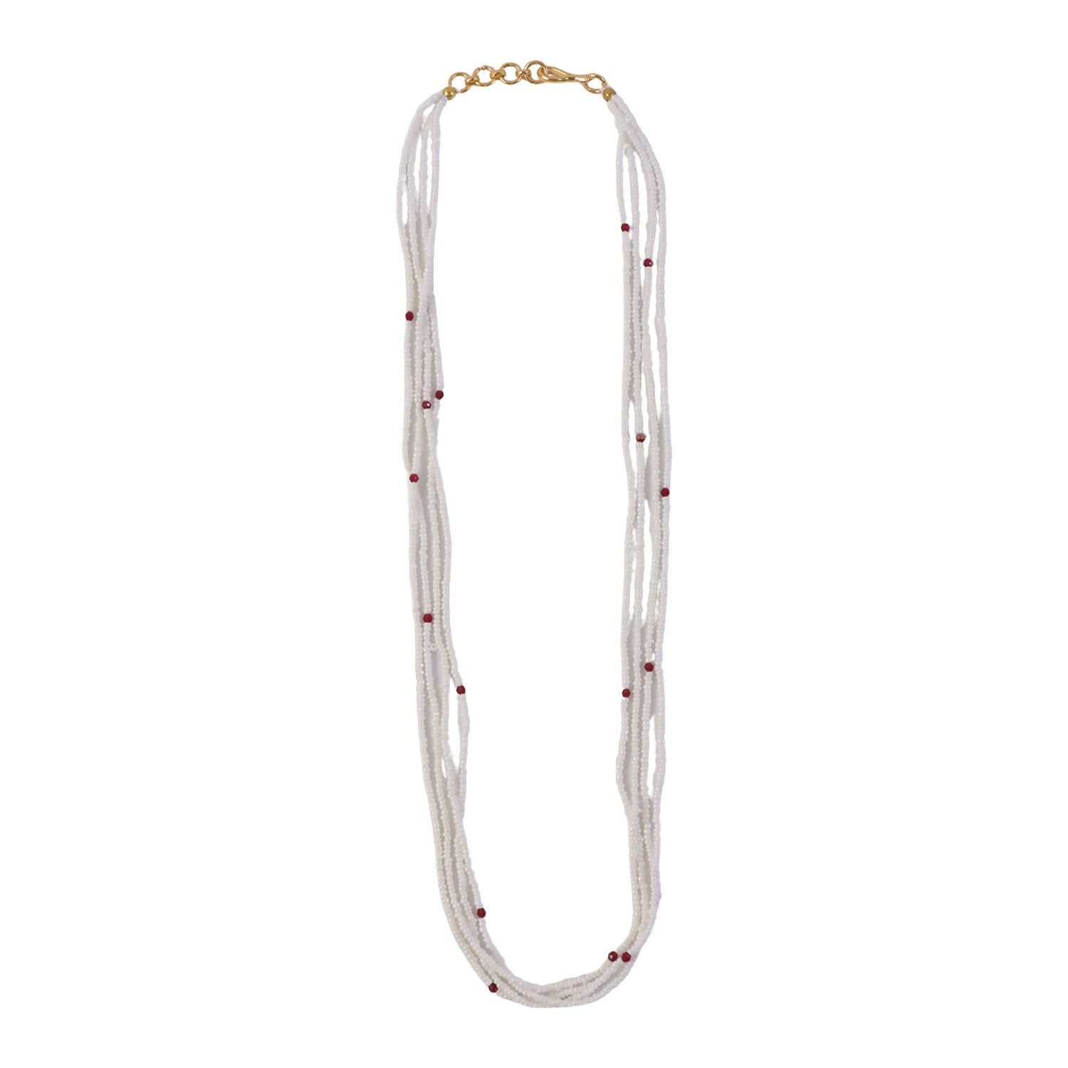Layered pearl mala necklace with subtle red highlights for festive wear