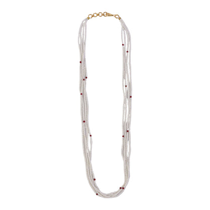 Layered pearl mala necklace with subtle red highlights for festive wear