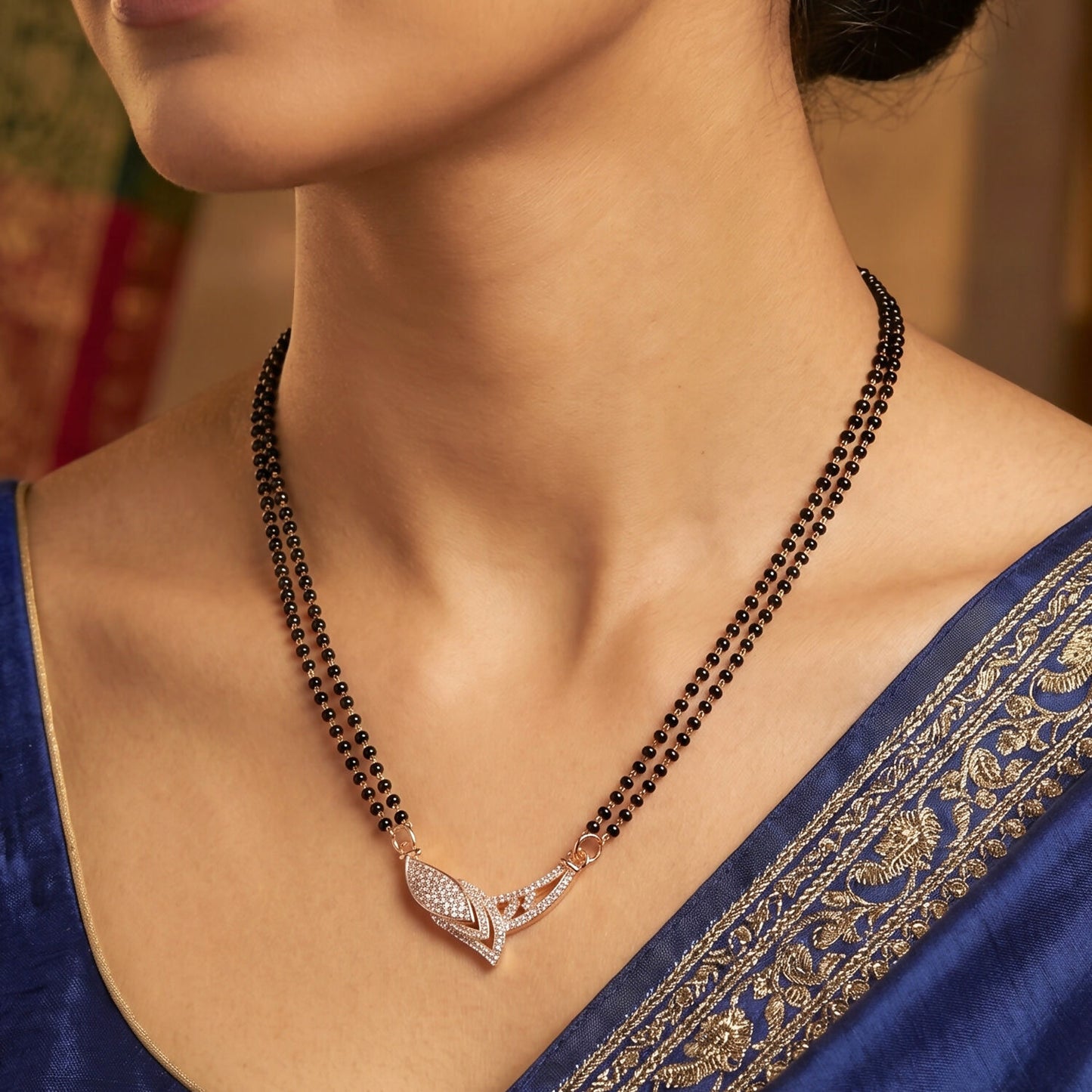 Rose Gold Finish Marquise Eye CZ Pendant with V-Frame Double Strand Mangalsutra