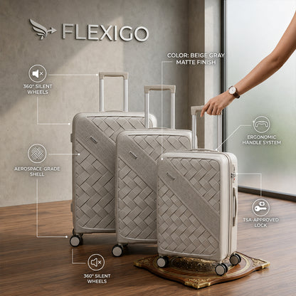 Beige Grey Premium Trolley Luggage with Spinner Wheels, Lock & Telescopic Handle