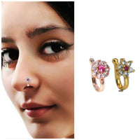 Non-Piercing Floral Nose Pin Nath Clip On Set Pink White Stone Combo Pack of 2