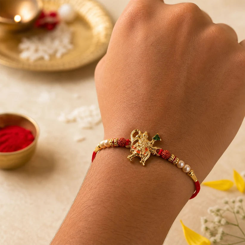Golden Hanuman Ji Motif Enamel Pearl Beads Traditional Rakhi (5pcs)