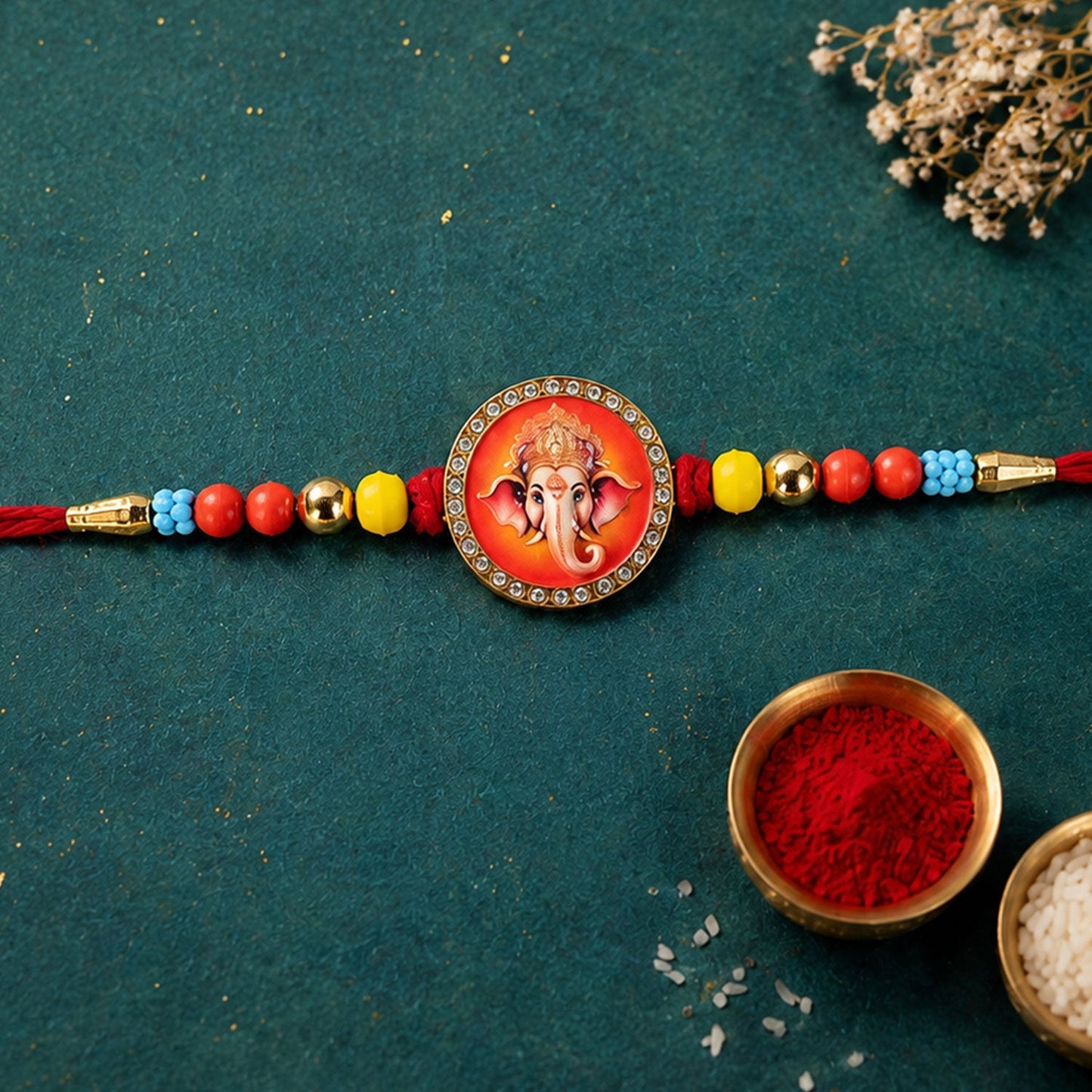 Ganesha Stone Studded Rakhi for Brother Festive Beaded Design (5pcs)