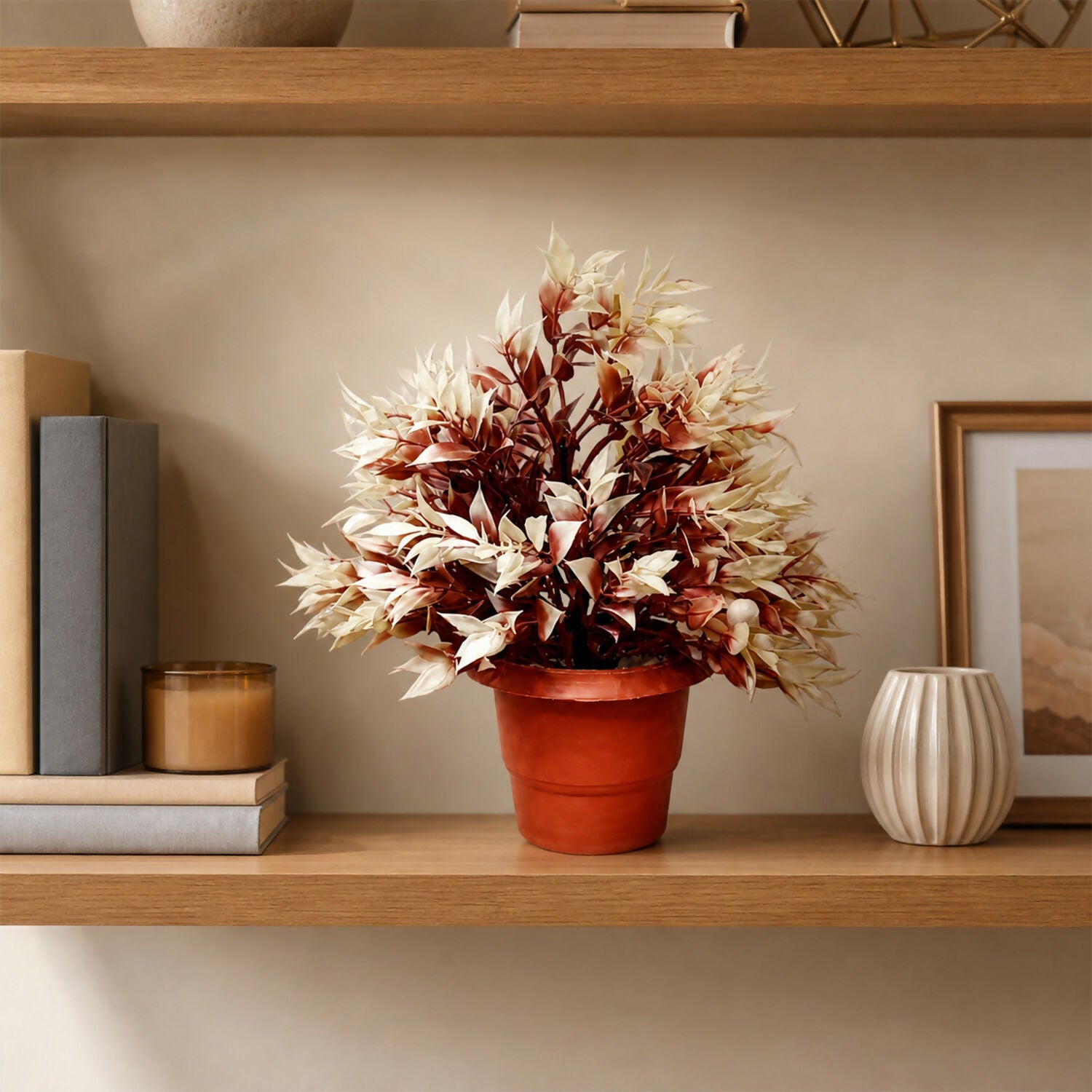 Artificial Brown Cream Bonsai Bushy Plant in Terracotta Pot for Home Office Decor