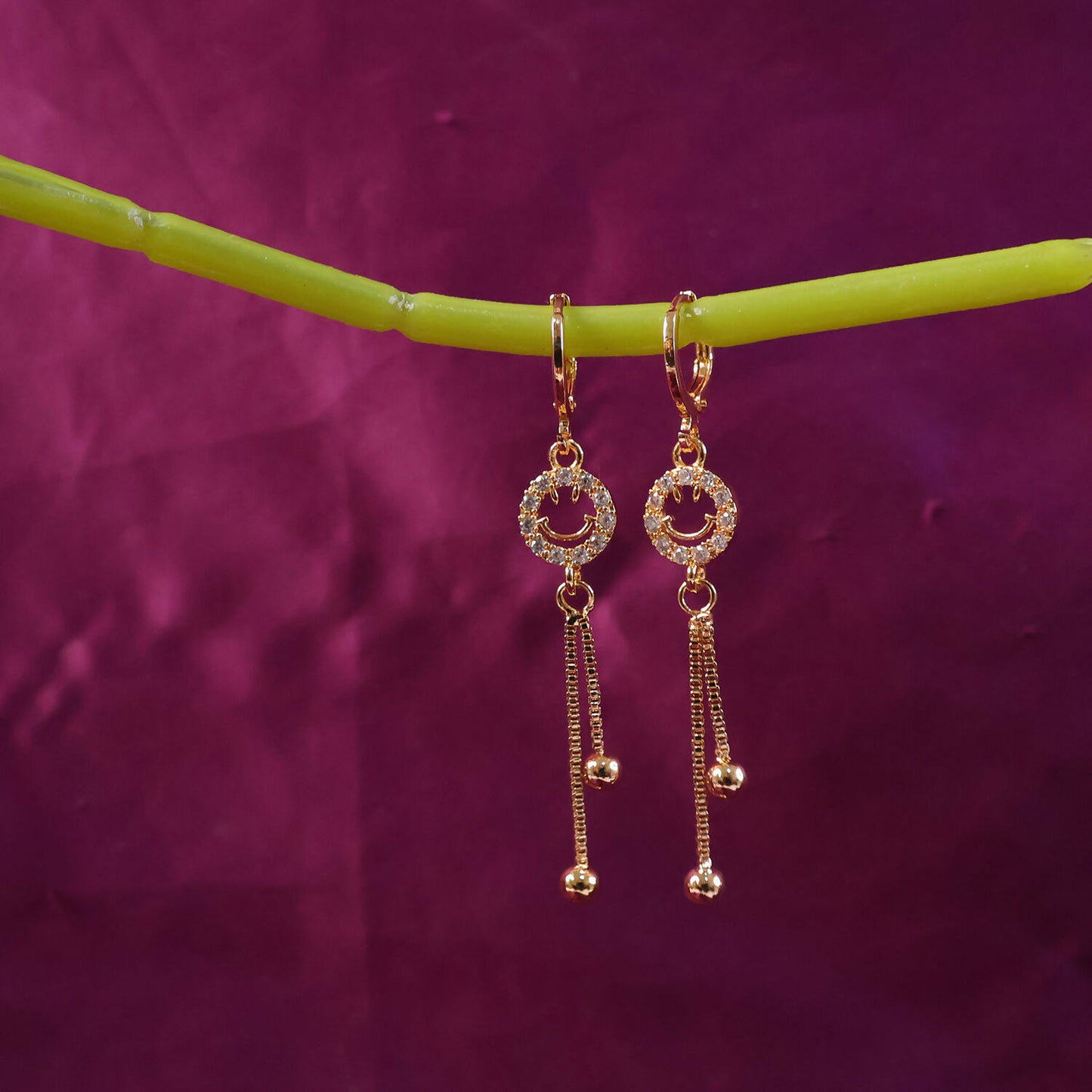 Gold-Tone Smiley Crystal Circle Tassel Drop Earrings for Women
