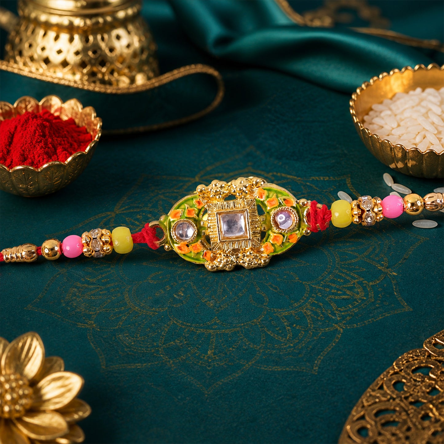 Elegant Rakhi with Square Red Gem Charm and gift finish in ornate look for Gift Use