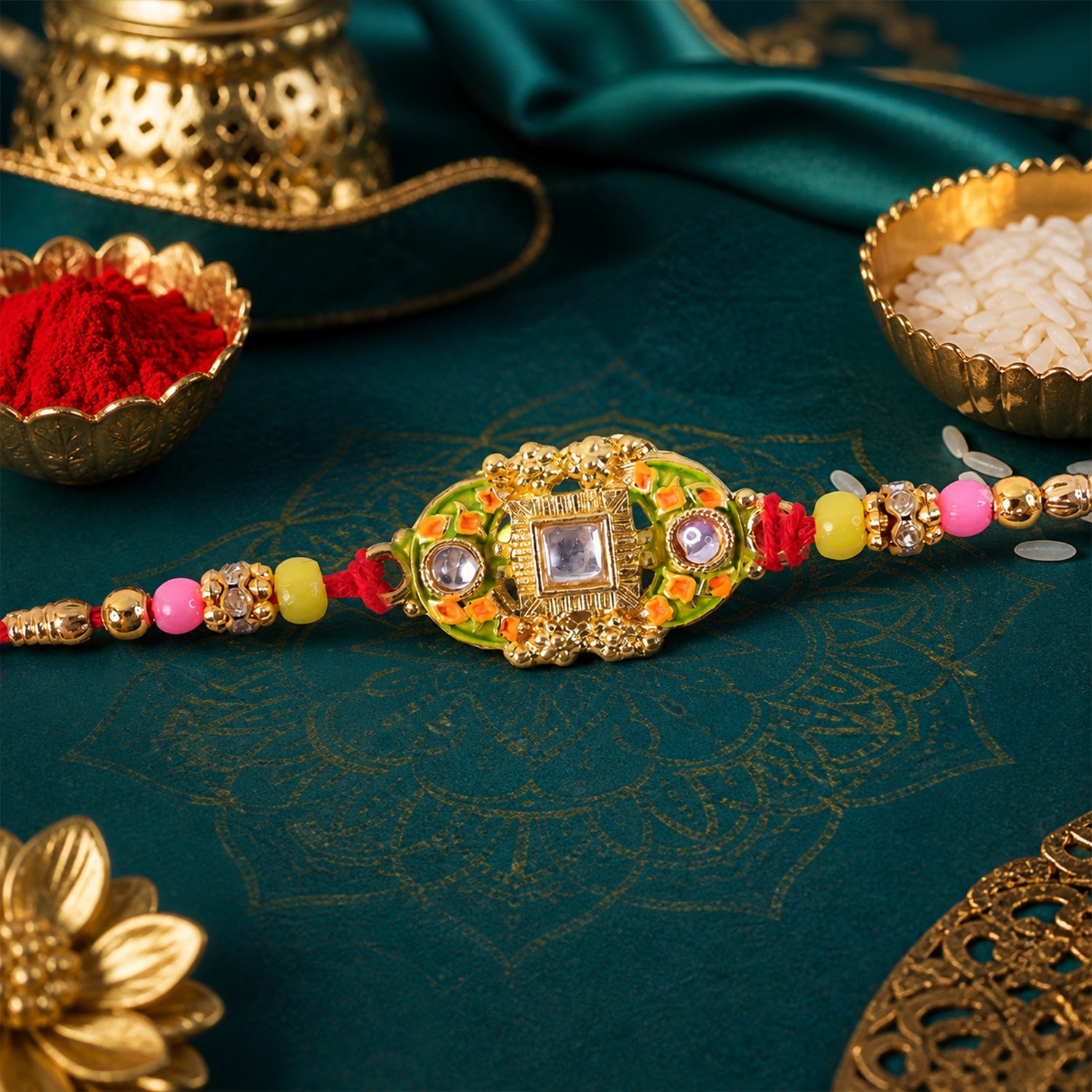 Elegant Rakhi with Square Red Gem Charm and gift finish in ornate look for Gift Use