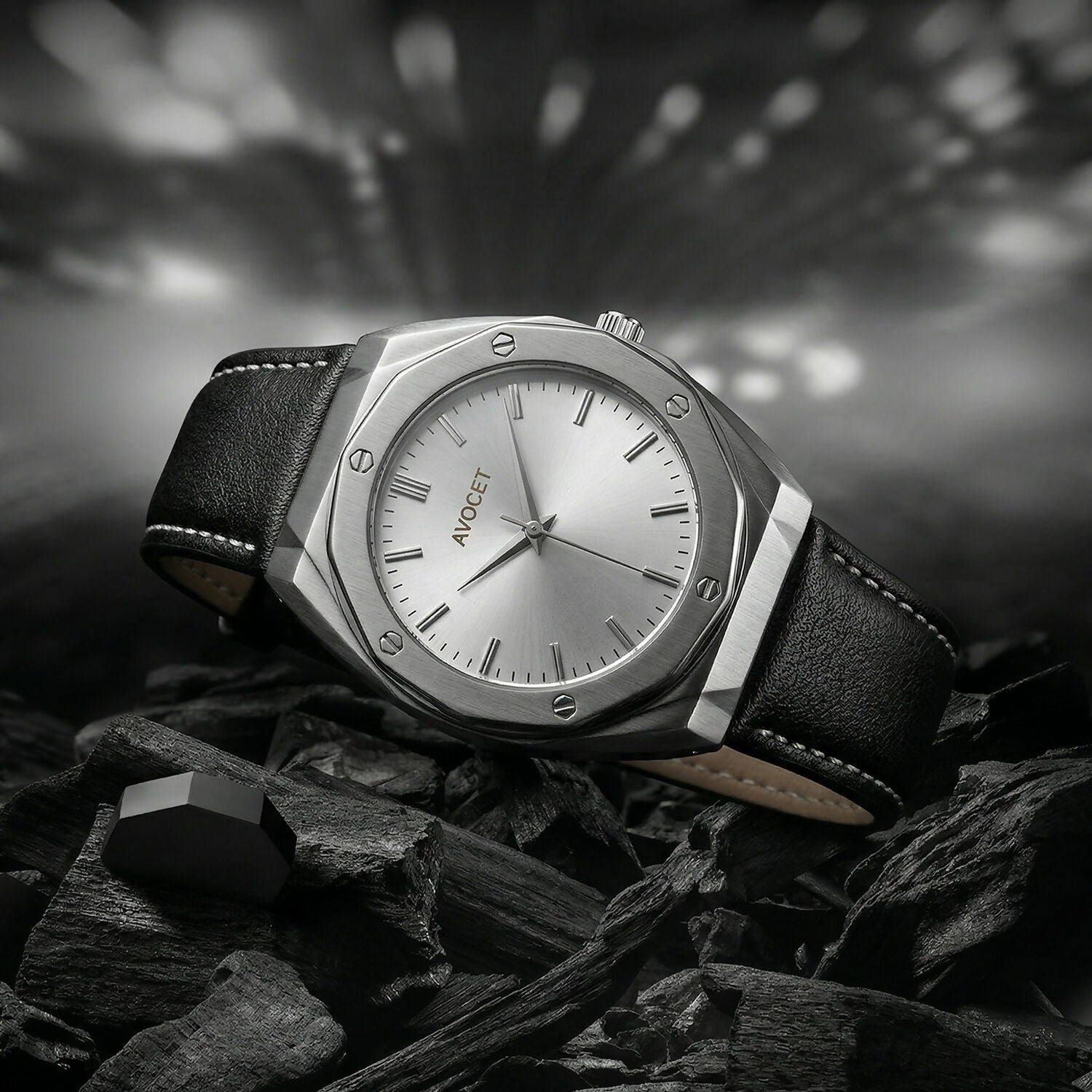 Premium Octagonal Silver Dial Analog Wrist Watch with Leather Strap for Men