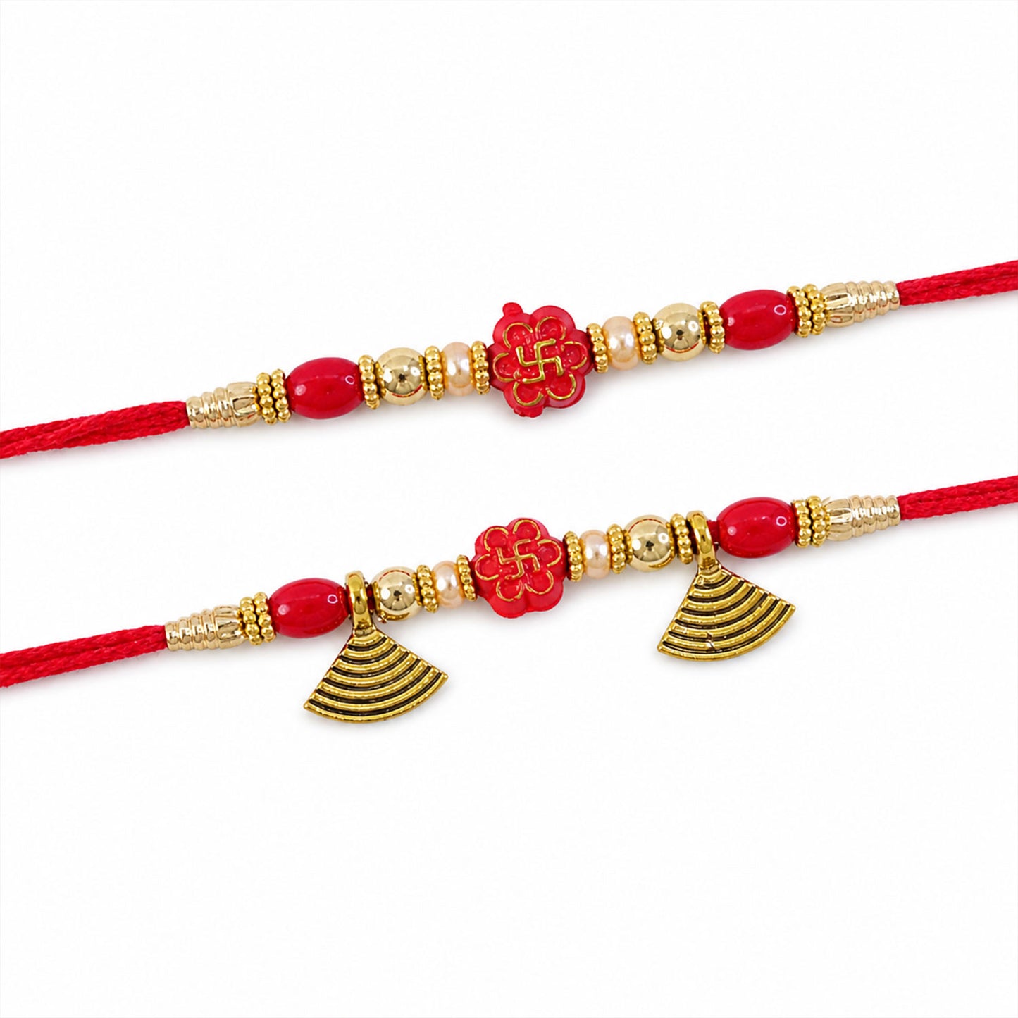 Bhai Bhabhi Floral Charm Rakhi Set with Red Thread, Gold Beads and Black Fan Drops