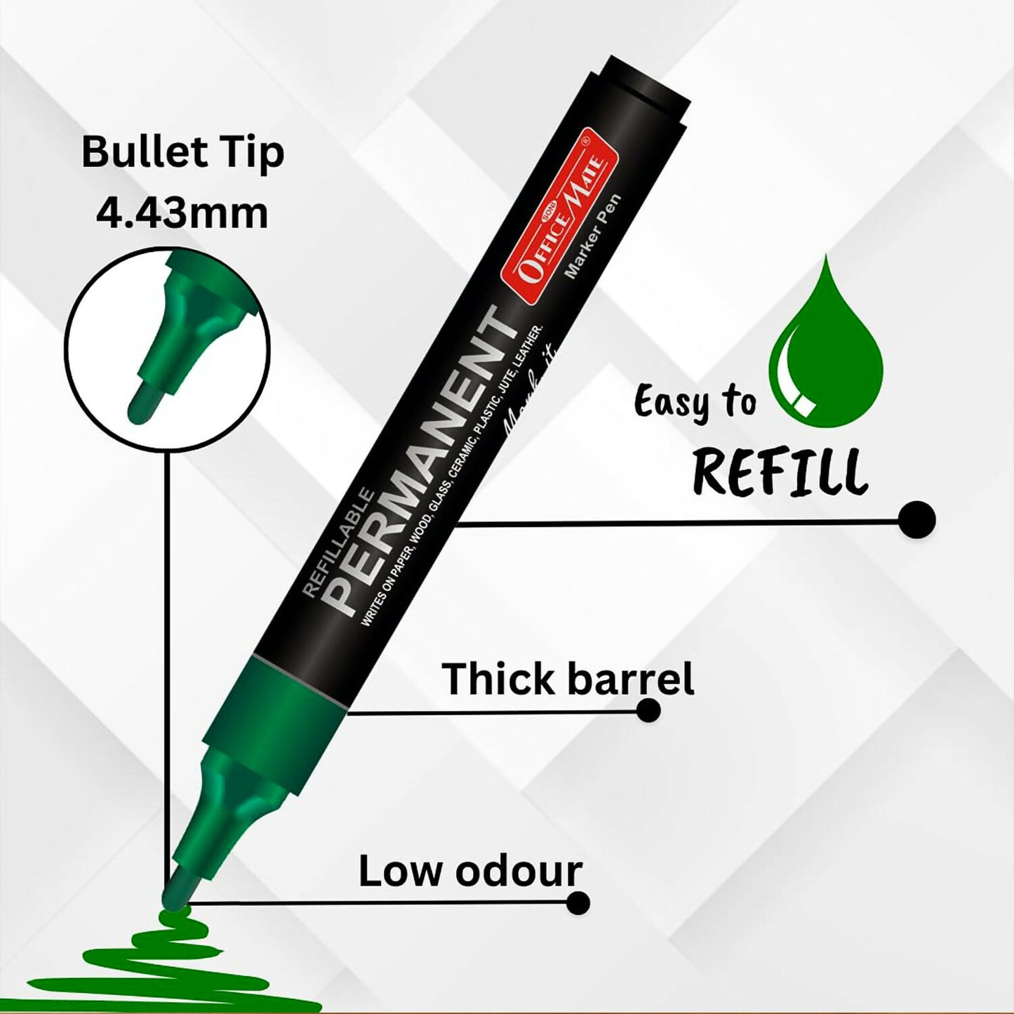 Refillable Permanent Marker Pen – Green Ink, 10 Piece Combo