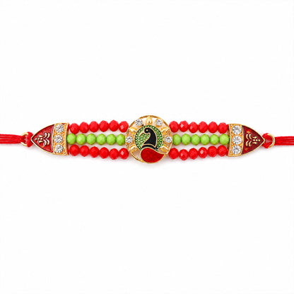 Red Green Beaded Rakhi with Gold Medallion and Bright Traditional Festive Gift Style