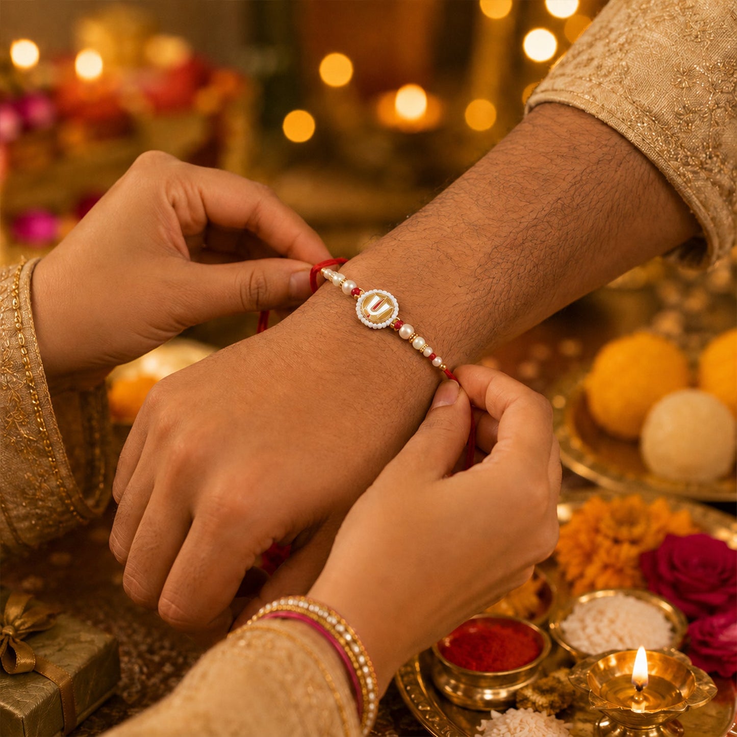 Hands are tying a red and gold devotional thread with a central white and gold charm onto a person's wrist, against a