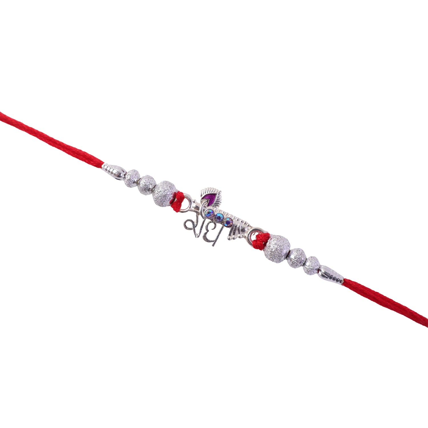 Elegant Radhe Silver Rakhi with Decorative Beads and Red Thread