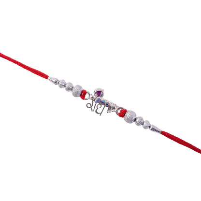 Elegant Radhe Silver Rakhi with Decorative Beads and Red Thread