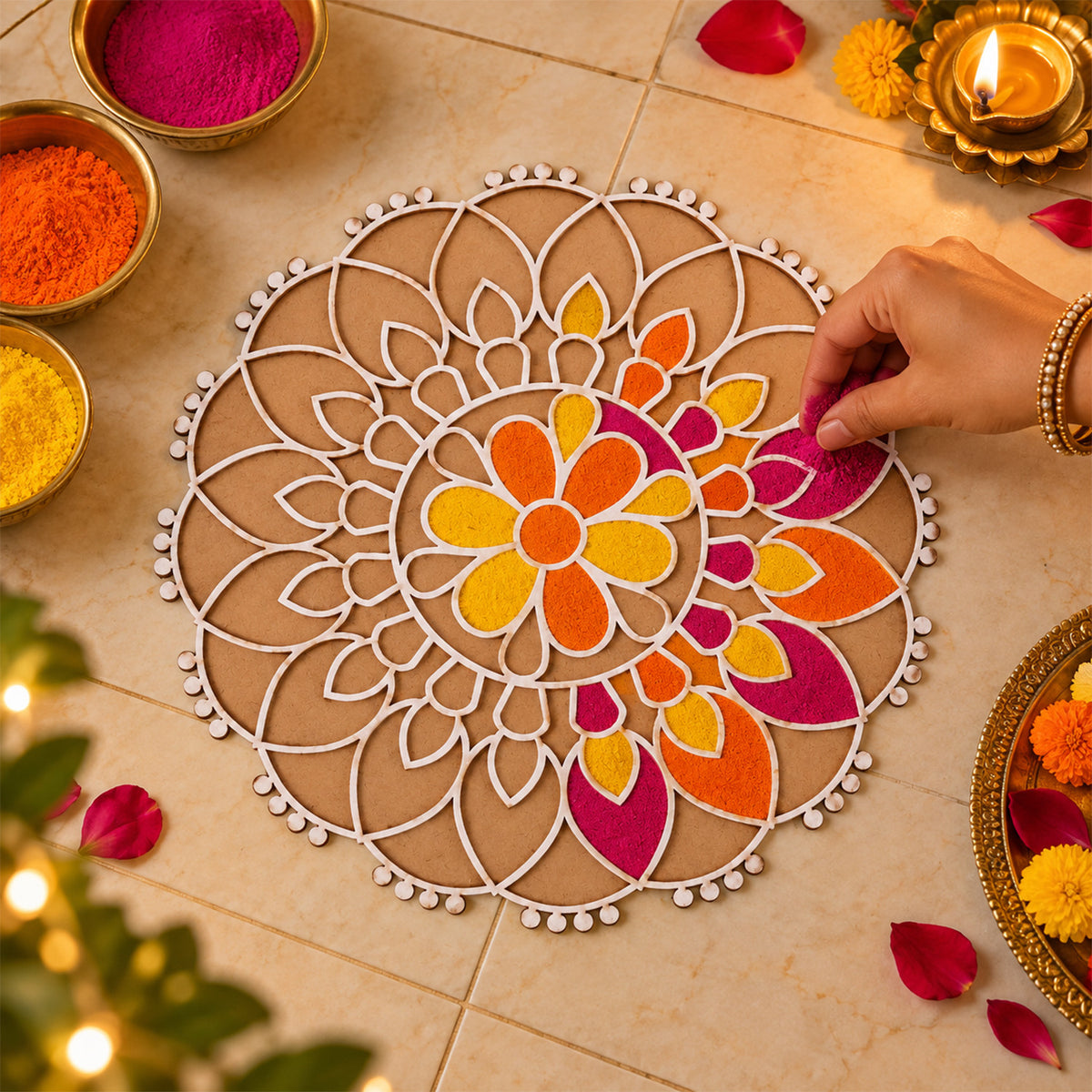 Round Floral Rangoli Stencil Board for Door Entrance and Festive Decoration
