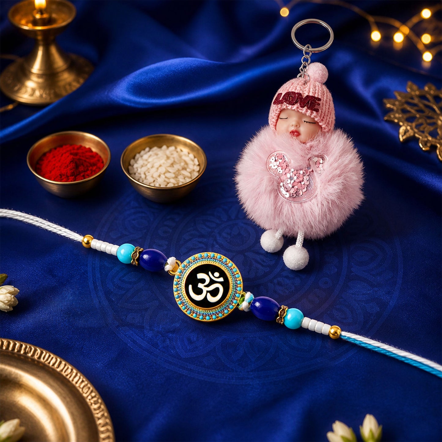 Round Om Stone Studded Enamel Rakhi with Cute Doll Keychain Combo (2 Pc)