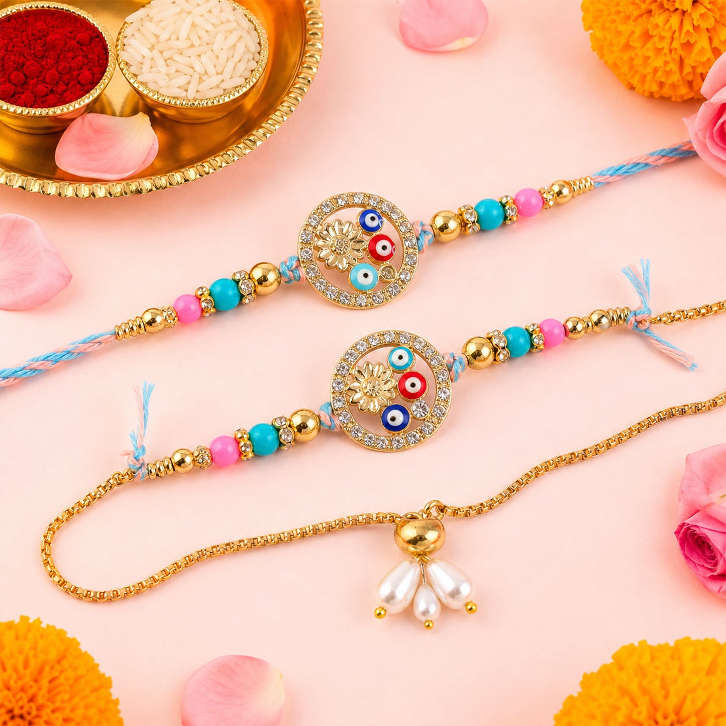 Two colorful Rakhi bracelets with evil eye beads and a gold lumba, surrounded by pink petals and orange flowers.