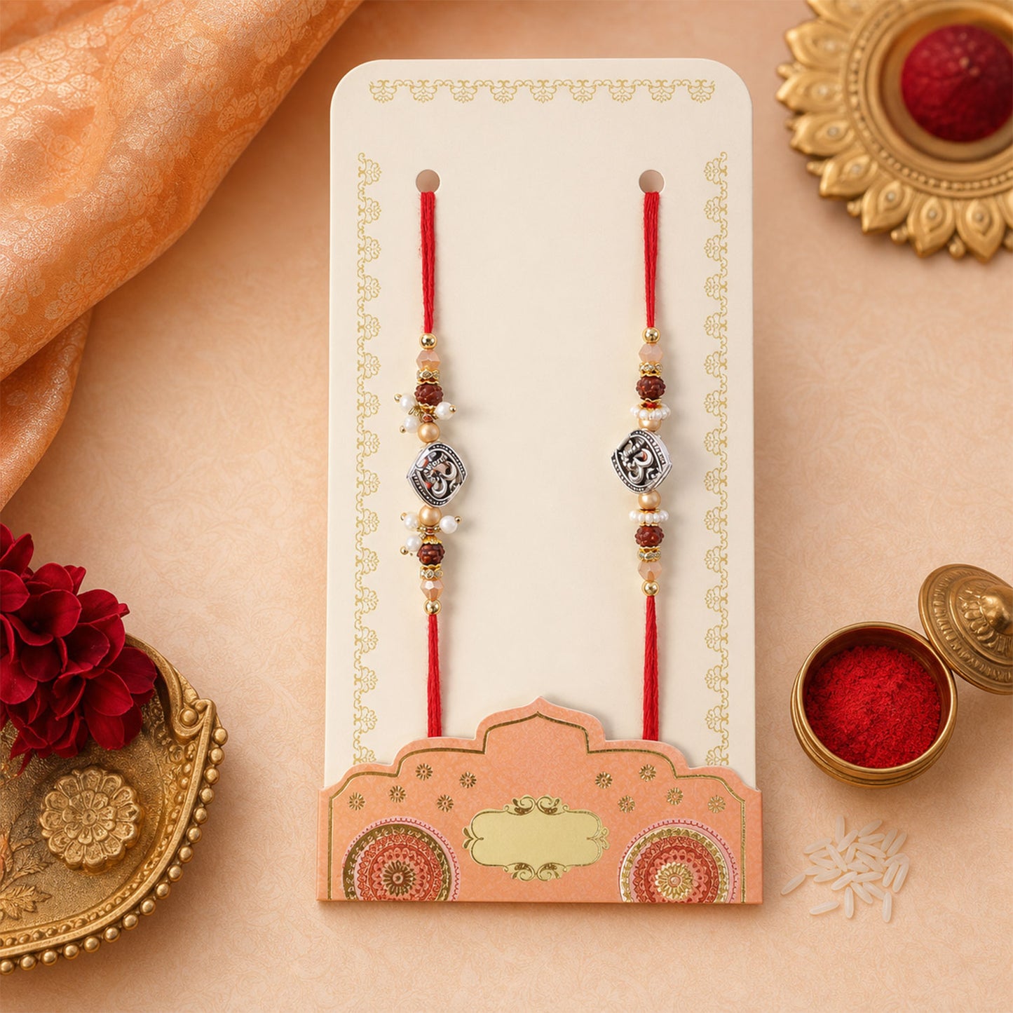 Om Face Designer Rakhi Set for Brother & Couple Rakhi with Pearl Beads and Red Thread