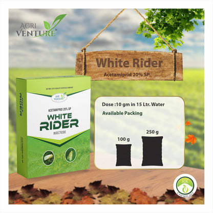 AgriVenture WHITE RIDER ( Acetamiprid 20% SP )Insecticide, Used For The Control Of Sucking Pests Like White Fly, Aphid And Jassids(100Gm,250Gm)