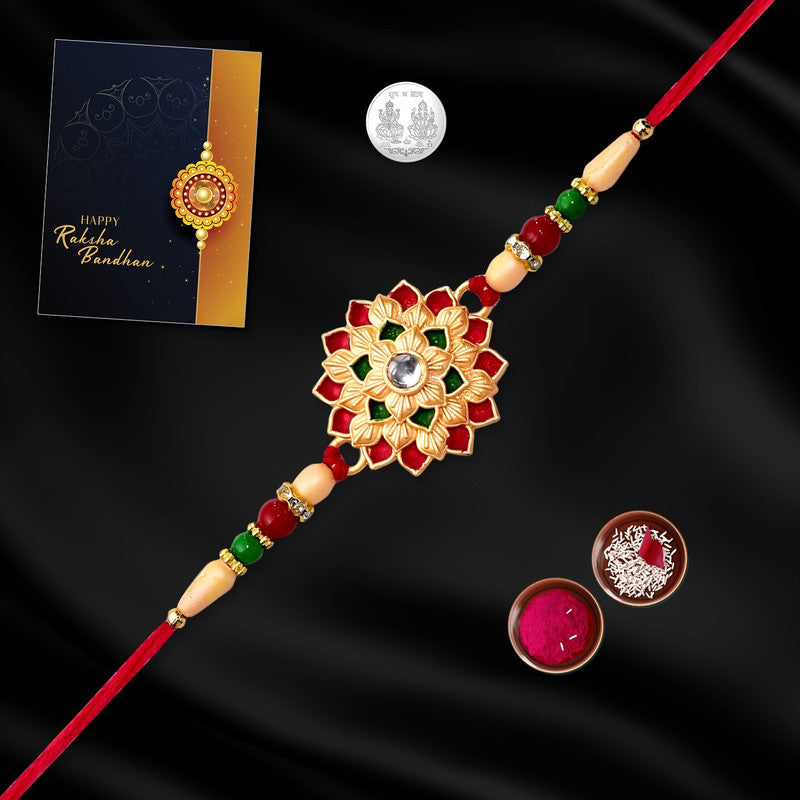periapt Designer Rakhi Gift Set with Roli Chawal, Greeting Card & Coin | Assorted Rakhi