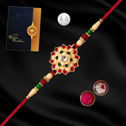 periapt Designer Rakhi Gift Set with Roli Chawal, Greeting Card & Coin | Assorted Rakhi