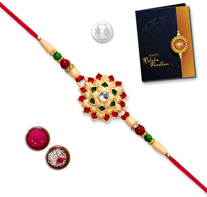 periapt Designer Rakhi Gift Set with Roli Chawal, Greeting Card & Coin | Assorted Rakhi