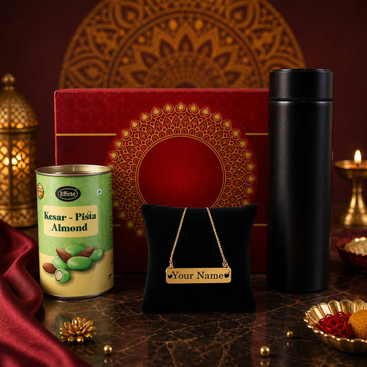 Customize Festive Rakhi Gift Set with bracelet, chocolate and bottle