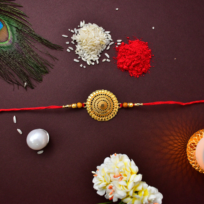 Big Golden Round Rakhi With Decorative Baby Buddha Gift ,Silver Color Pooja Coin, Roli Chawal & Greeting Card