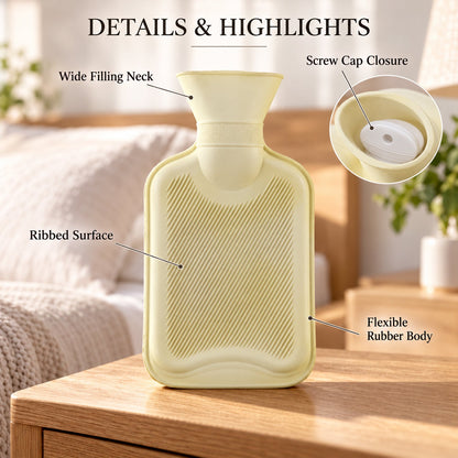 A light yellow hot water bottle with labels pointing to its wide filling neck, ribbed surface, flexible body, and screw cap.