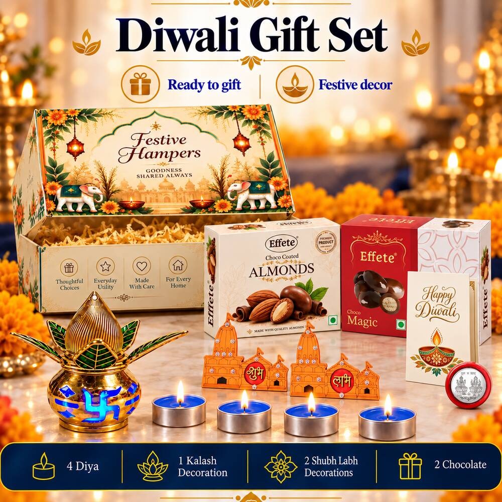 A festive hamper box with two chocolate boxes, a golden kalash, four blue tealights, three wooden temple – view 4