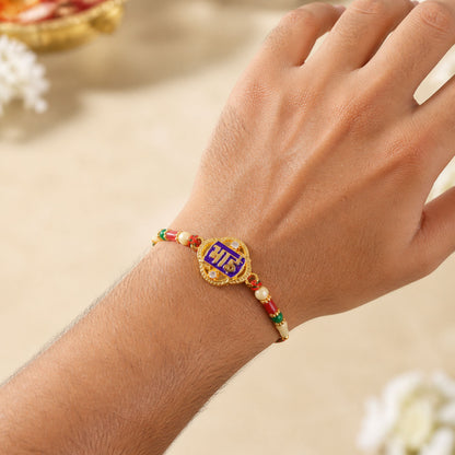 Bhai Text Pendant Rakhi with Purple Enamel and Kundan Stones