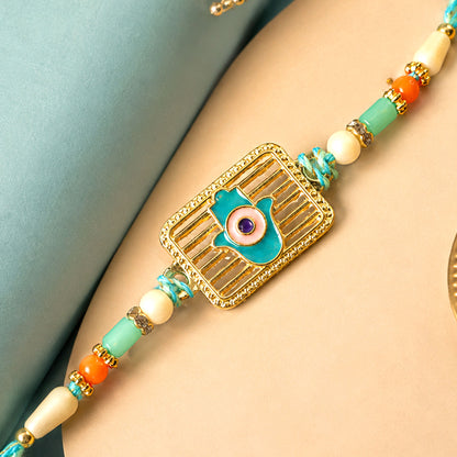 Evil Eye Square Charm Rakhi with Turquoise Beads and Modern Festive Gift Style Ideas
