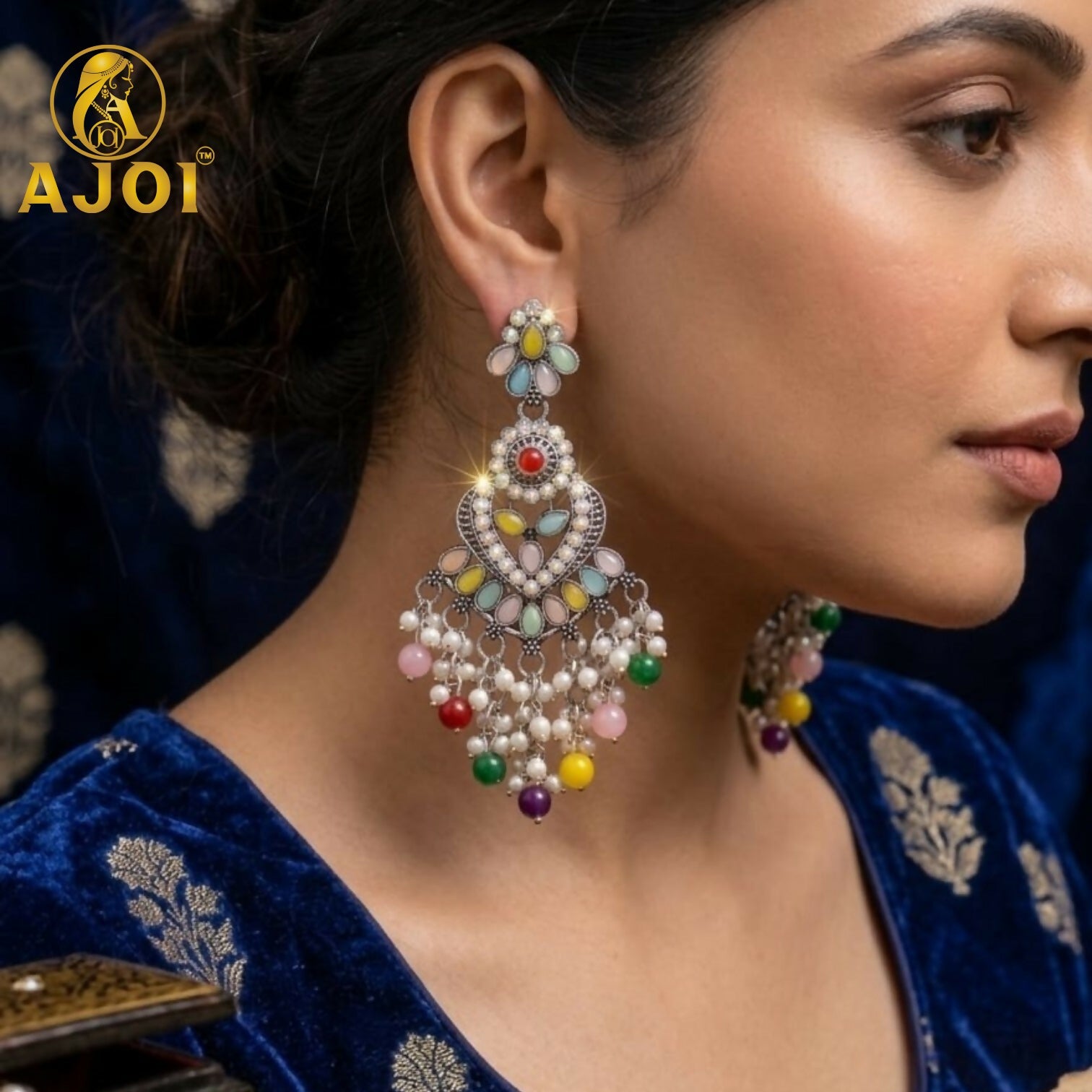 Multicolor Oxidized Statement Earrings with Beads & Pearl Tassels