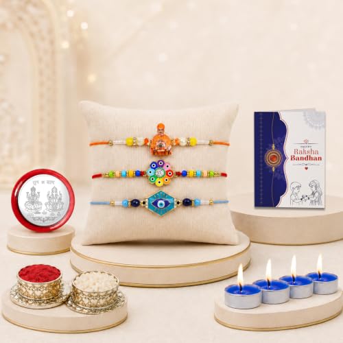 Swami Maharaj Rakhi Combo - Raksha Bandhan Gift with Tealight Candles 4pcs, Pack of 7