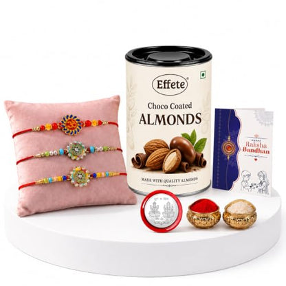 Om, Round Shape Rakhi Combo - Raksha Bandhan Gift with Choco Almonds 96gm, Pack of 7