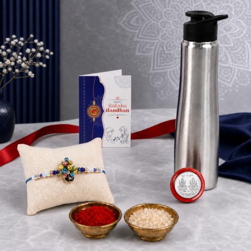 OM Floral Pot Rakhi Combo - Raksha Bandhan Gift with SS Water Bottle 1000ml, Pack of 5