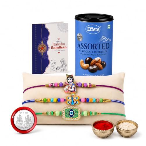 Peacock, Krishna Rakhi Combo - Raksha Bandhan Gift with Assorted Choco 96gm, Pack of 7