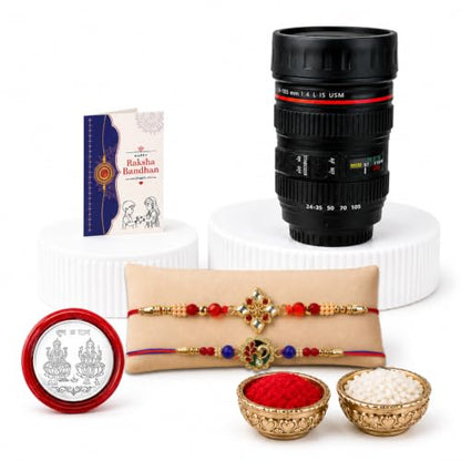 Kundan, Peacock Rakhi Combo - Raksha Bandhan Gift with Camera Lens Coffee Mug, Pack of 6