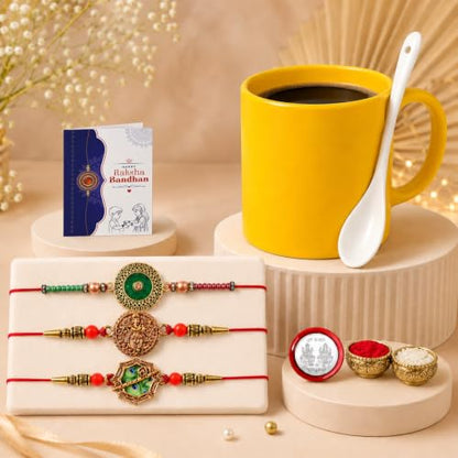 Rakhi for Brother with Plastic Mug with Spoon - Rakshabandhan Gift Set, Pack of 7