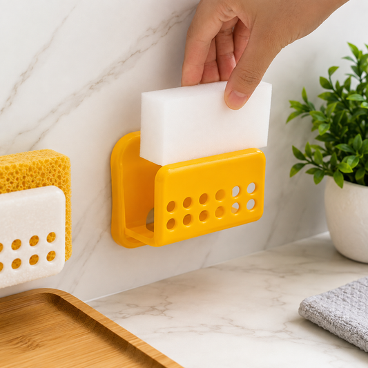 A hand places a white sponge into a yellow self-adhesive holder on a white marble wall next to another holder.